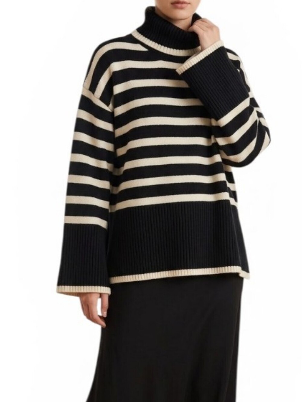Modern LuFeng Black and White Striped Heavy Turtleneck Knit Sweater M